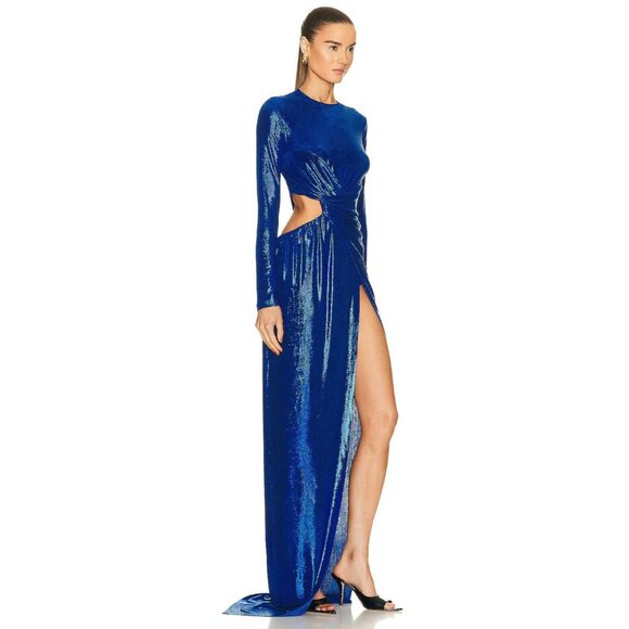 Balmain Womens Draped Laminated Jersey Long Dress in Bleu Electric 38 New Gown - Picture 2 of 16